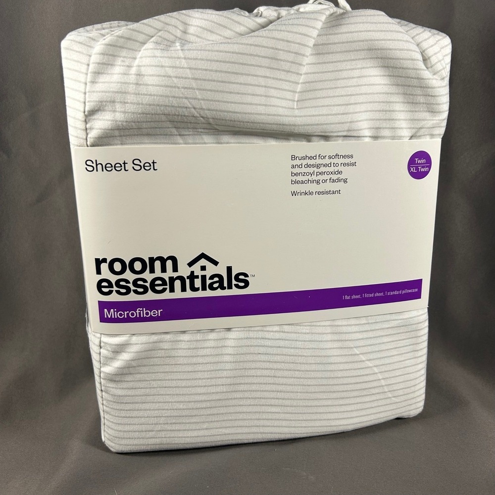 Room Essentials Sheet Set Microfiber Wrinkle Resistant Twin XL Gray Stripe